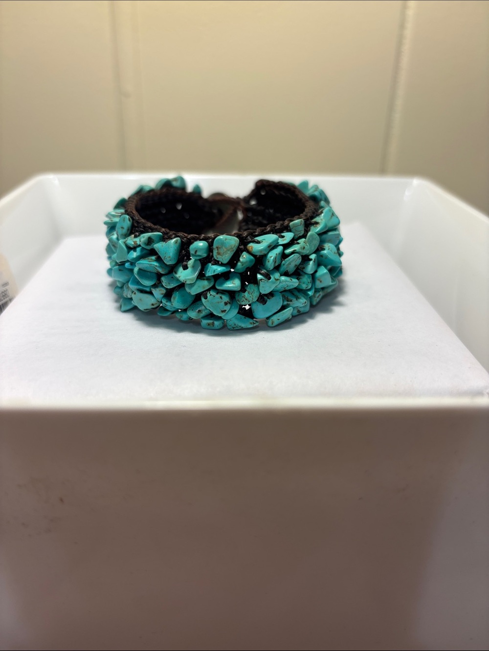 NWOT Artisan-Crafted Turquoise Chip Macramé Cuff Bracelet - Boho Button Clasp